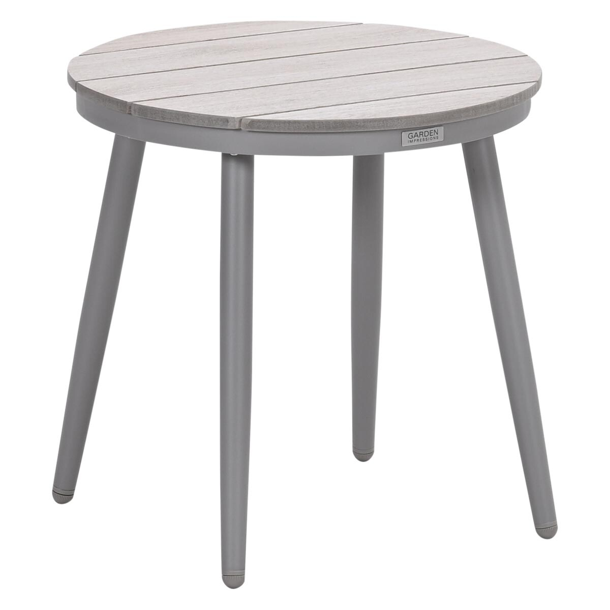 Table ronde grise avec plateau en bois et trois pieds.
