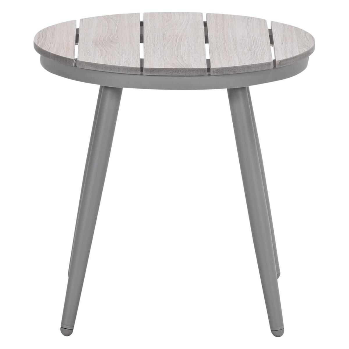 Table ronde grise avec plateau en bois et trois pieds.