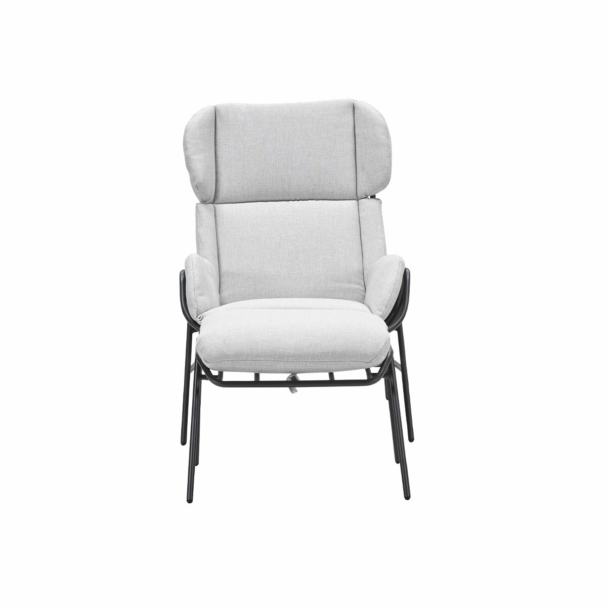 Grey chair with high back and black metal frame, isolated on a white background.
