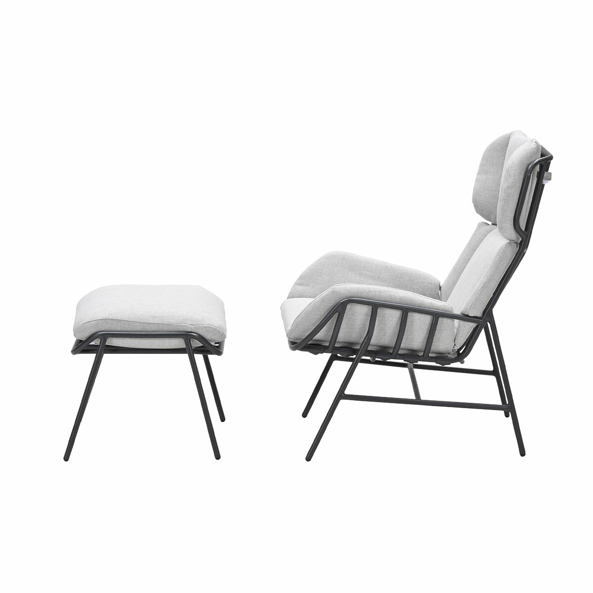 Light grey chair and ottoman with black metal frame, isolated on a white background.