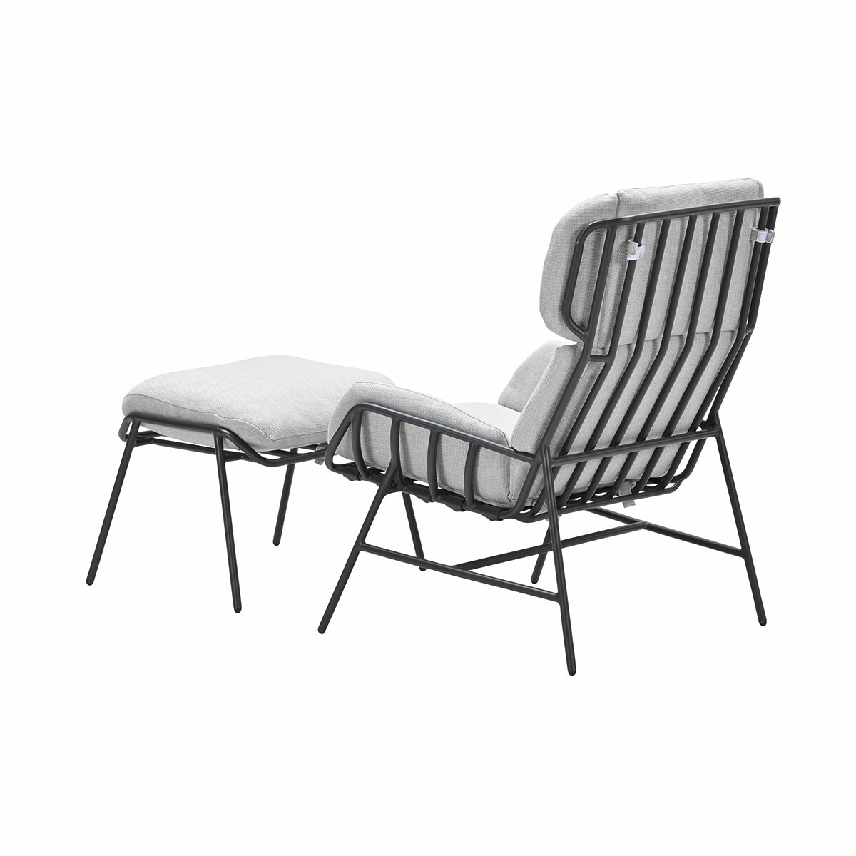 Grey chair and ottoman with black metal frame, back view, isolated on white background.