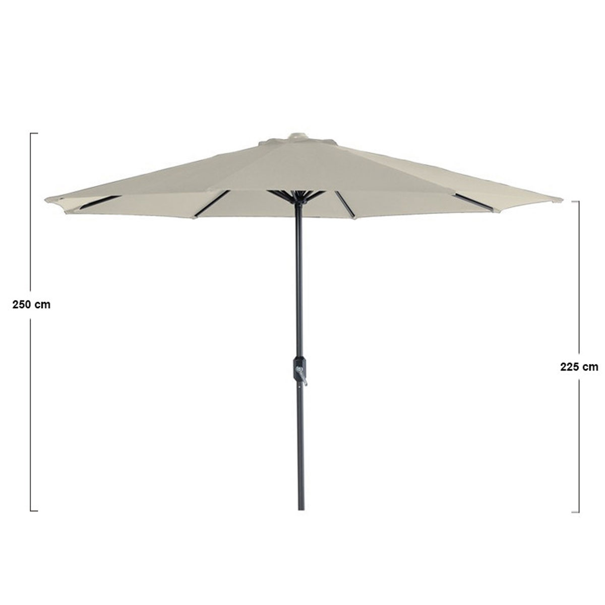 Beige patio umbrella, dimensions noted. White background.