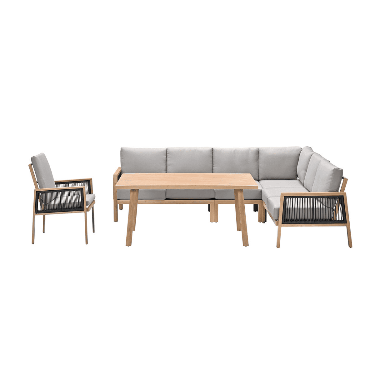 Outdoor sectional, table, and chair. White background.