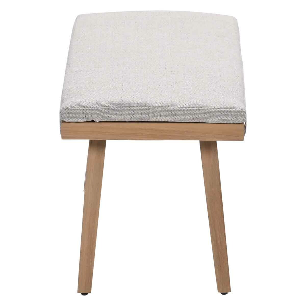 Wooden bench viewed from the side. It has a light gray cushion and wooden legs.