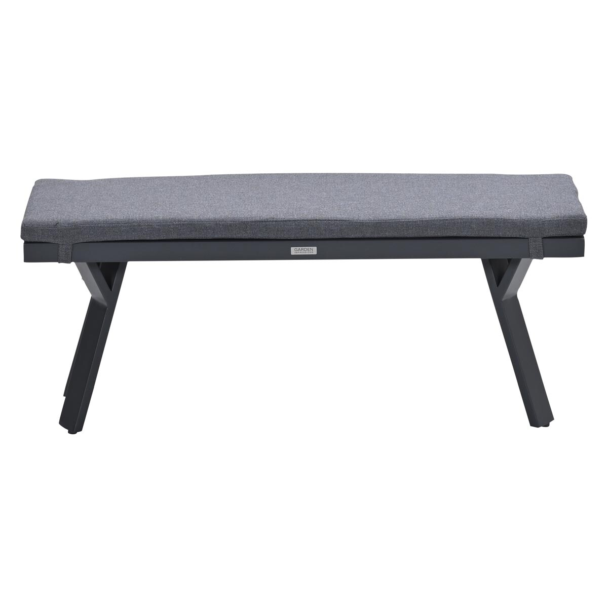 Bench with grey cushion, dark frame, and angled legs. The bench is long and narrow.