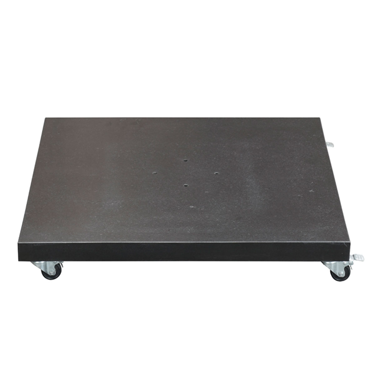 Black square base with four wheels. It has a flat surface, used for outdoor furniture.