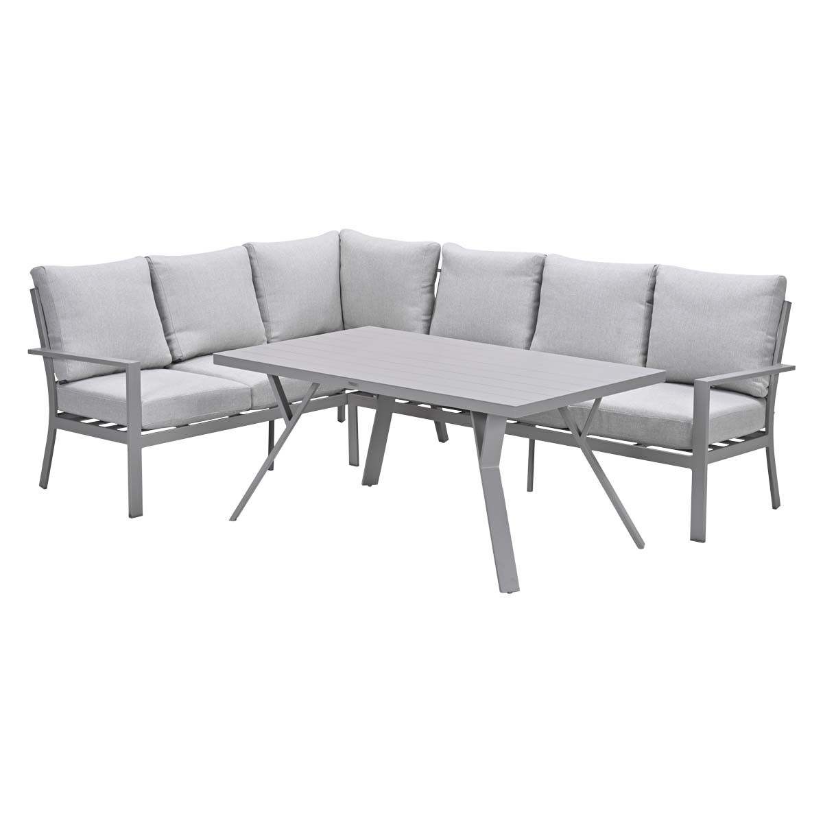 Salon de jardin gris avec table. Fond blanc.