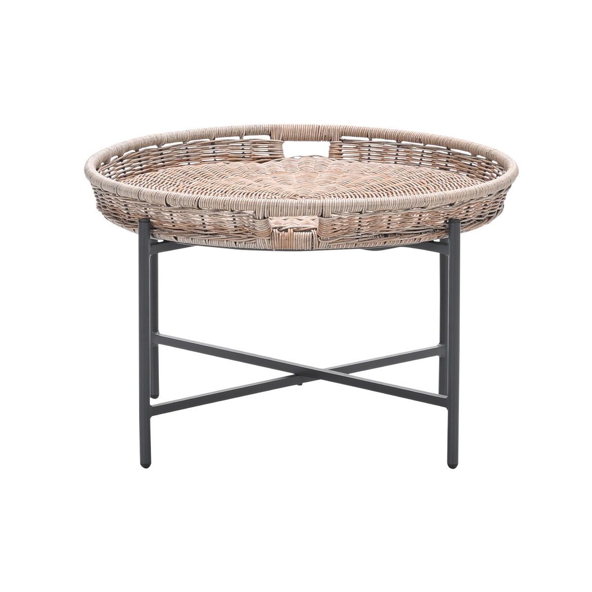 Table basse ovale en osier sur cadre métallique. Cadre noir avec pieds croisés.