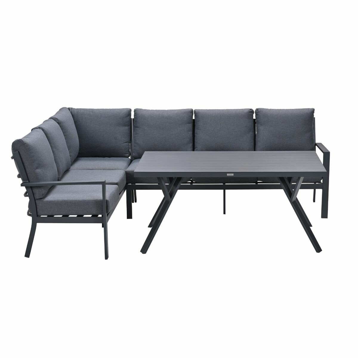 Ensemble canapé d'angle gris et table, le tout sur fond blanc.