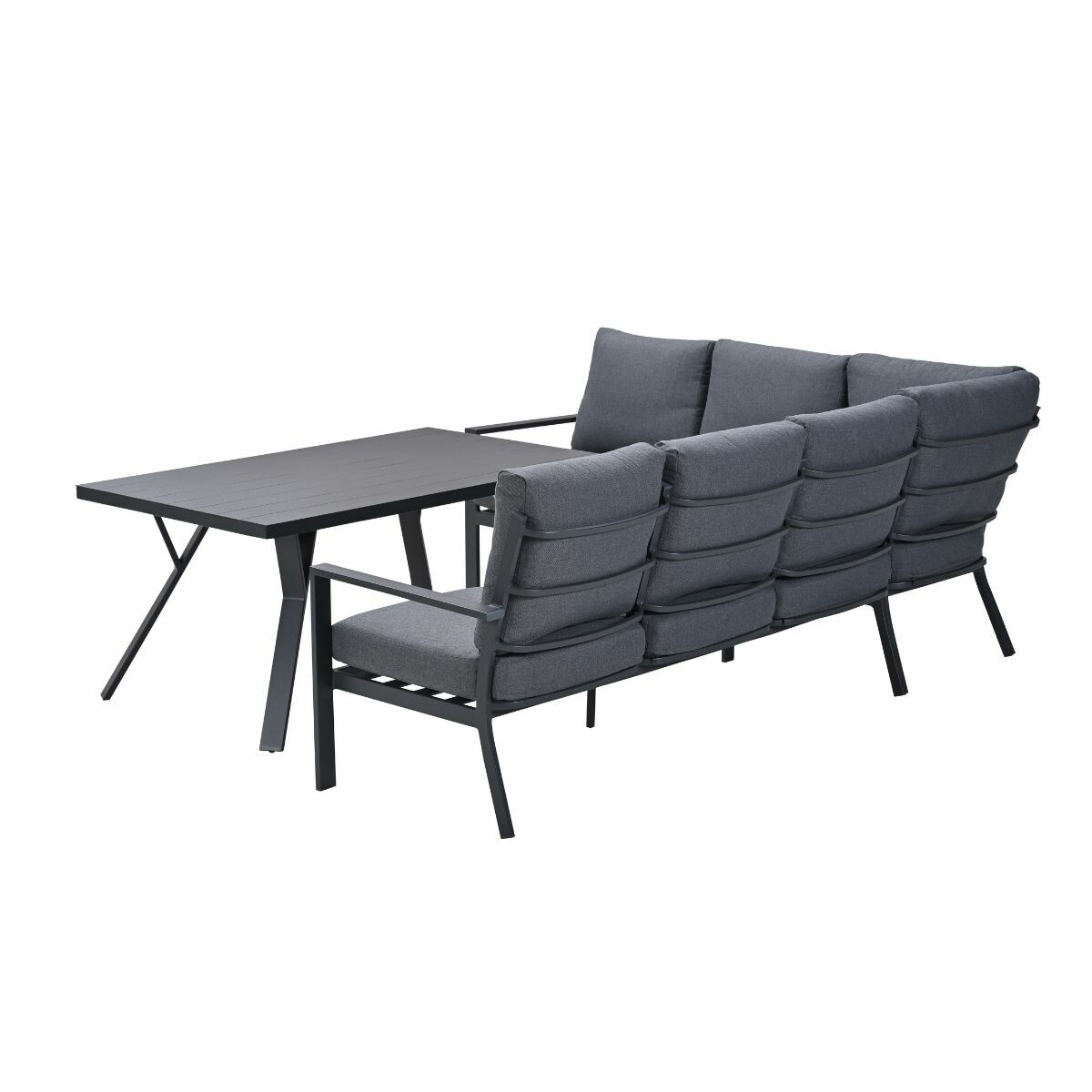 Ensemble de salle à manger d'extérieur : table et canapé avec coussins. Cadre noir, coussins gris, fond blanc.