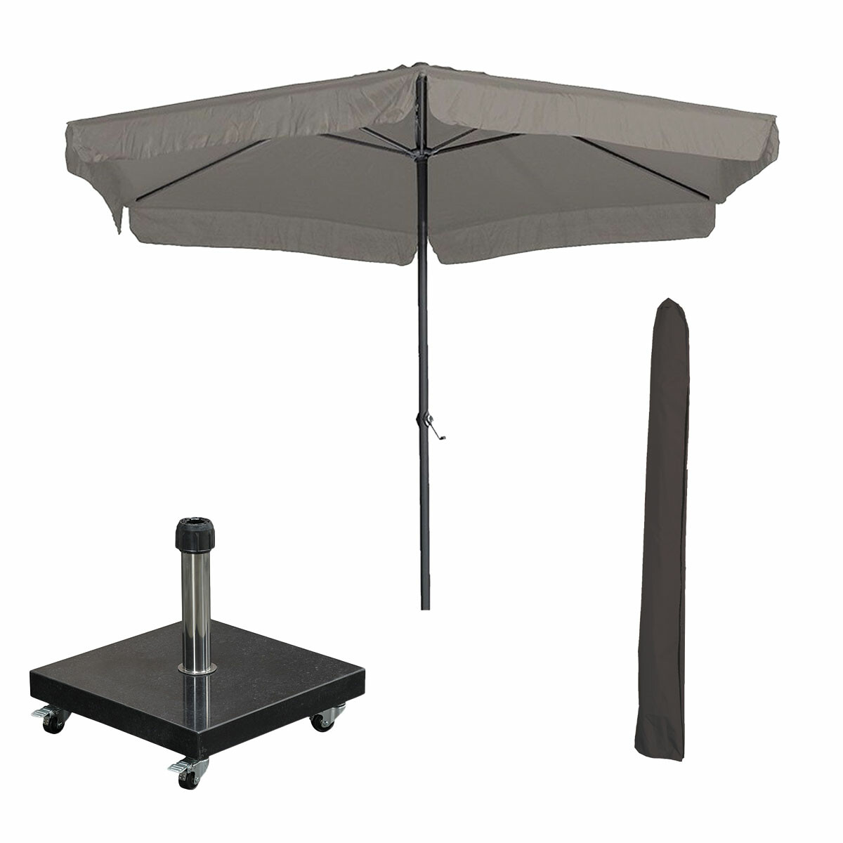 Grijze parasol voor buiten met voet en hoes op een witte achtergrond.