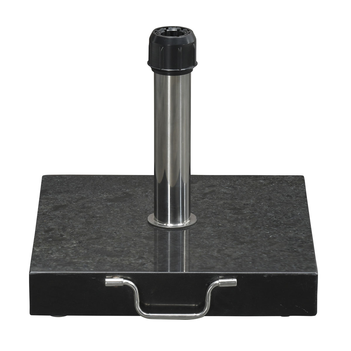 Black granite patio umbrella base with a chrome pole, on a white background.