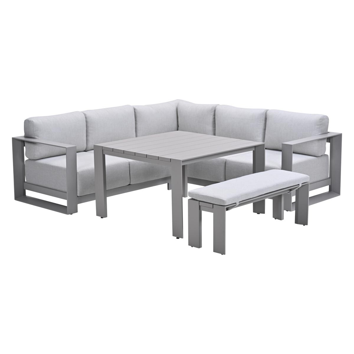 Ensemble canapé d'angle extérieur gris avec table et banc sur fond blanc.