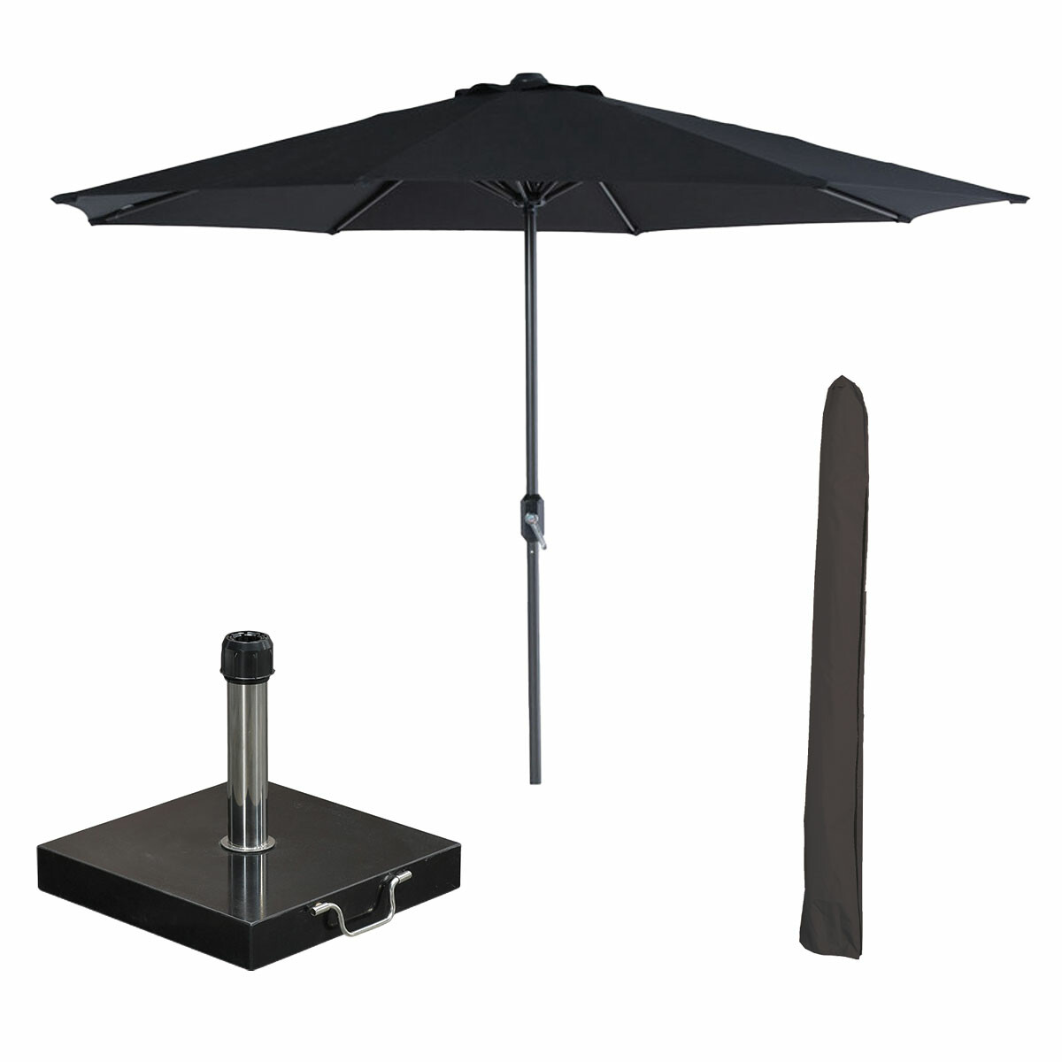 Parasol noir, base et housse sur fond blanc.
