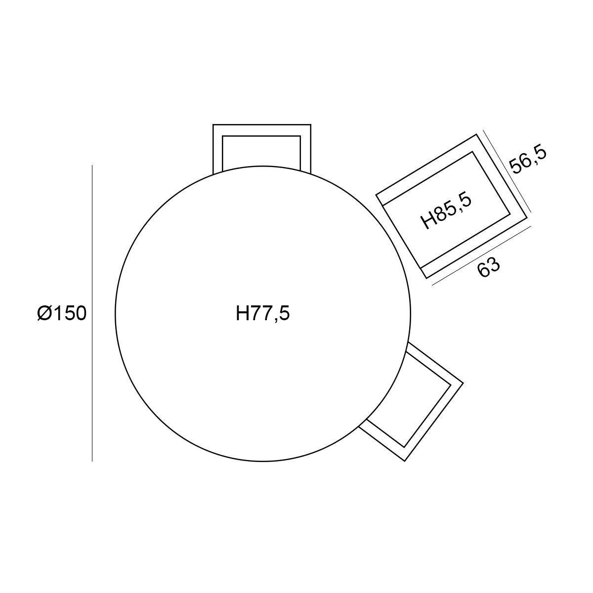 Dessin technique d'une table ronde et de chaises. Les dimensions sont indiquées en millimètres.