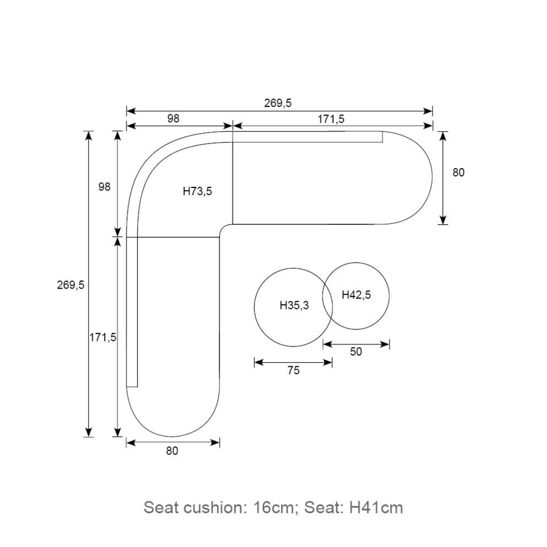 A drawing of a sectional sofa with dimensions labeled in centimeters.