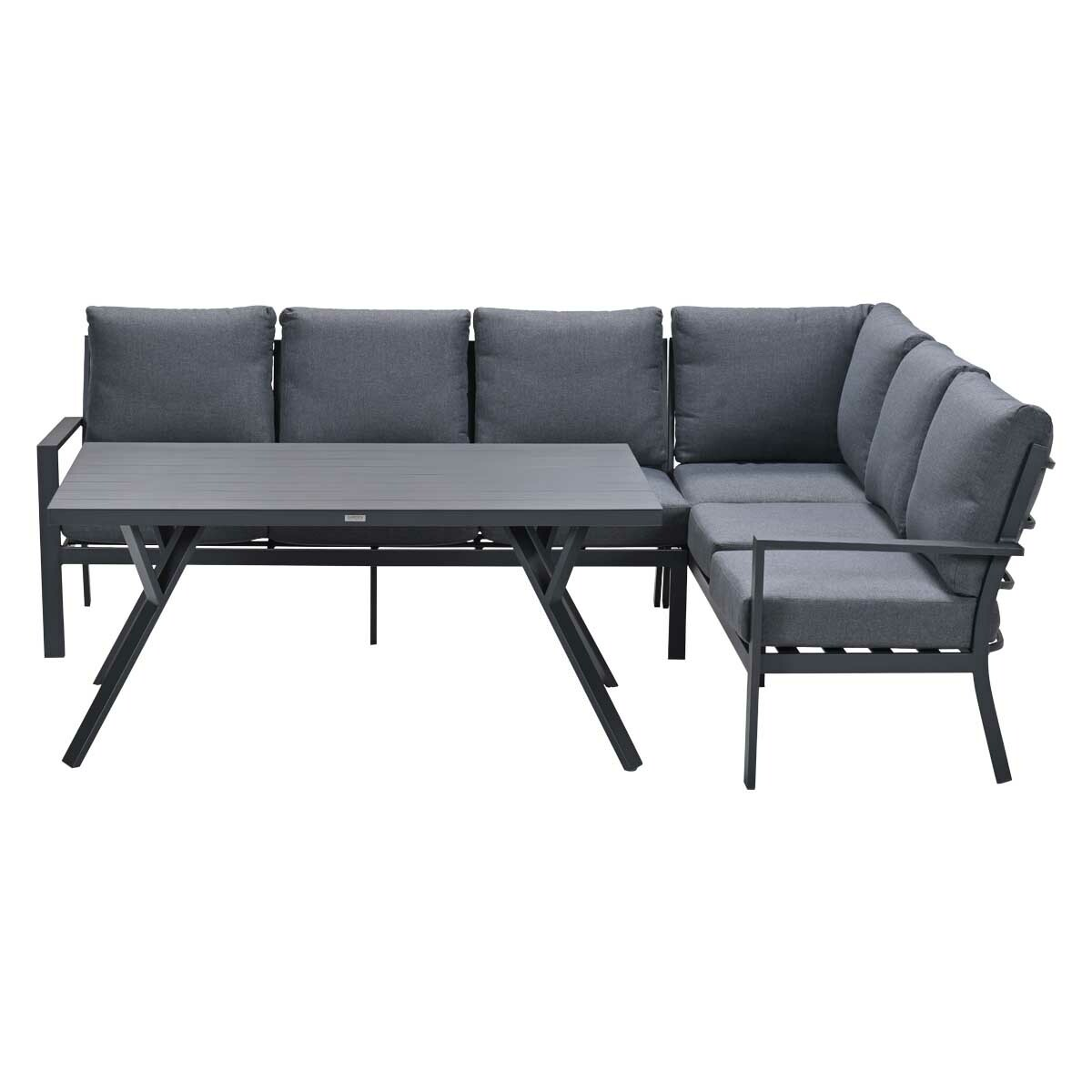 Un canapé d'extérieur gris foncé avec une table.