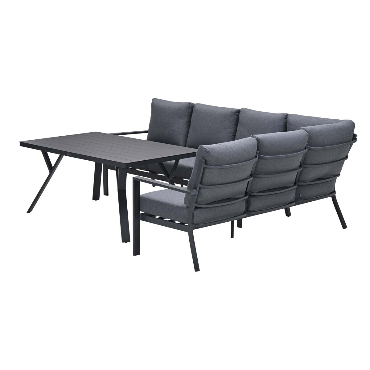 Un canapé d'extérieur gris foncé avec une table.