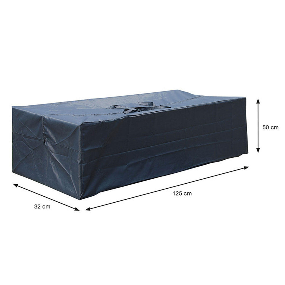 Dark blue outdoor storage box. Dimensions: 125cm x 32cm x 50cm.