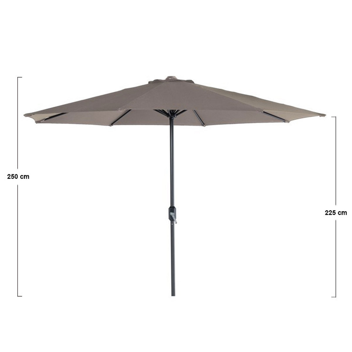 Parasol de jardin gris. Ouvert, avec mesures 250cm et 225cm.