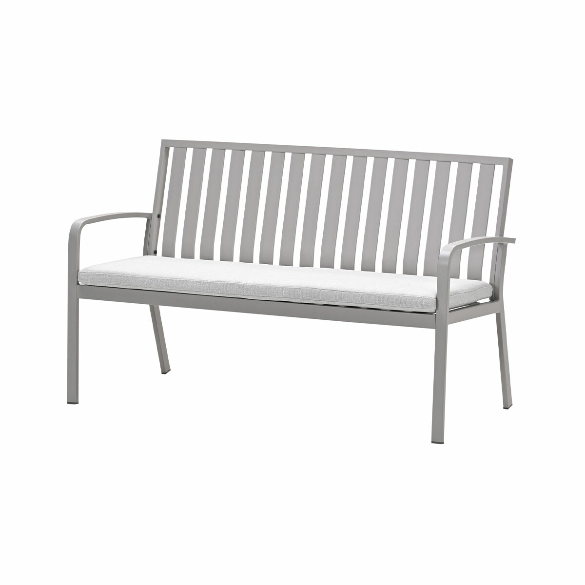 Banc gris extérieur. Coussin blanc. Cadre métallique.