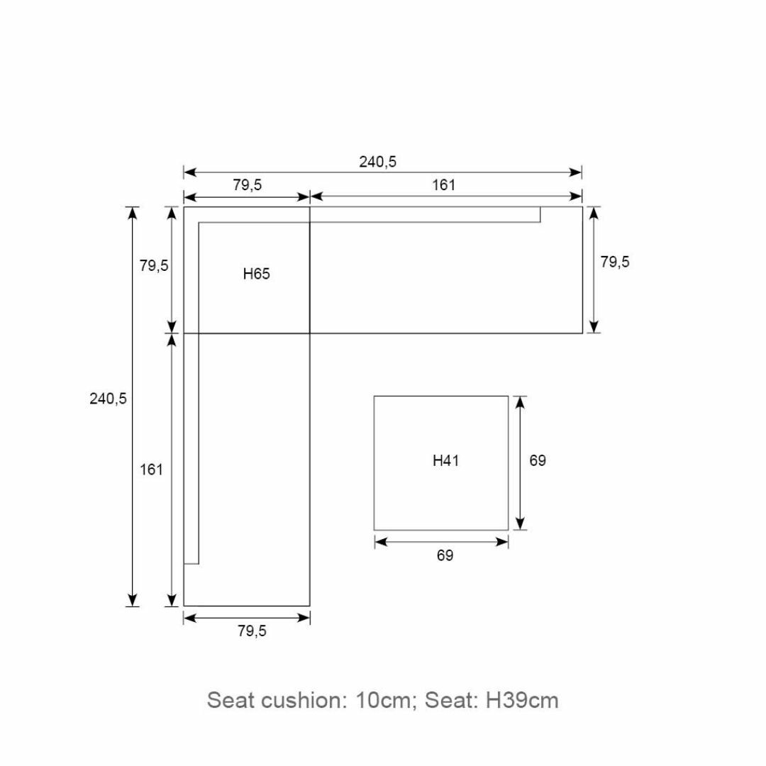 A diagram of an L-shaped couch and a square ottoman with dimensions in centimeters. Text: Seat cushion: 10cm; Seat: H39cm.