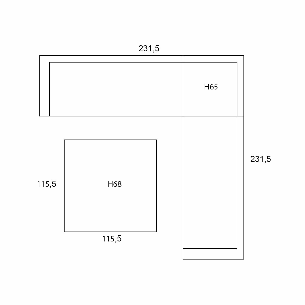 Diagram van een L-vormige hoekbank en een vierkante poef met afmetingen in centimeters.