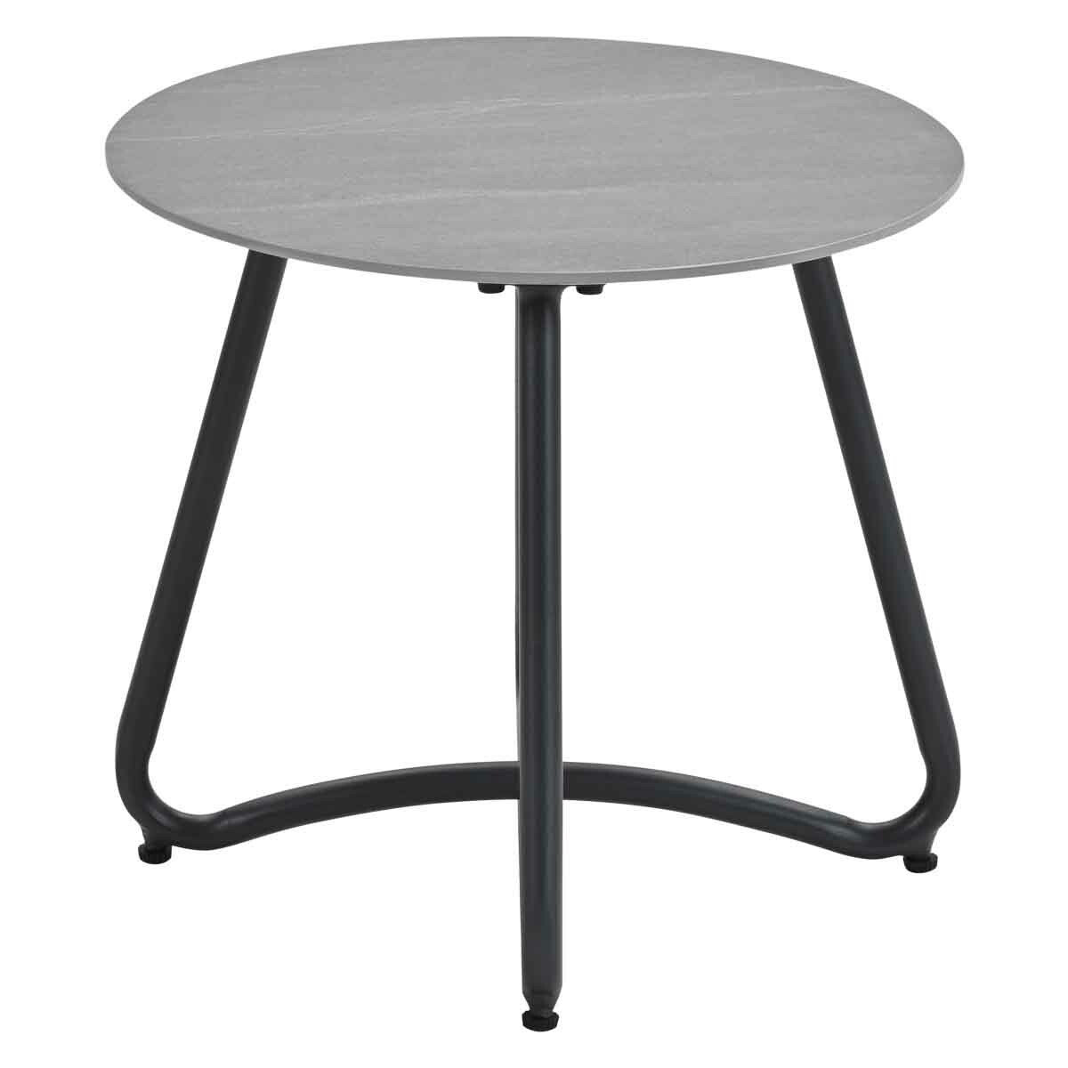 Een ronde, grijze tafel met een grijs blad en zwarte poten.