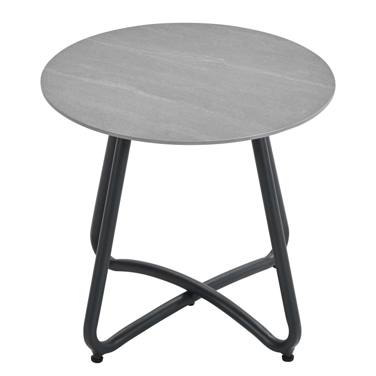Een ronde grijze tafel met een zwarte voet op een witte achtergrond. De voet heeft een gekruist ontwerp.