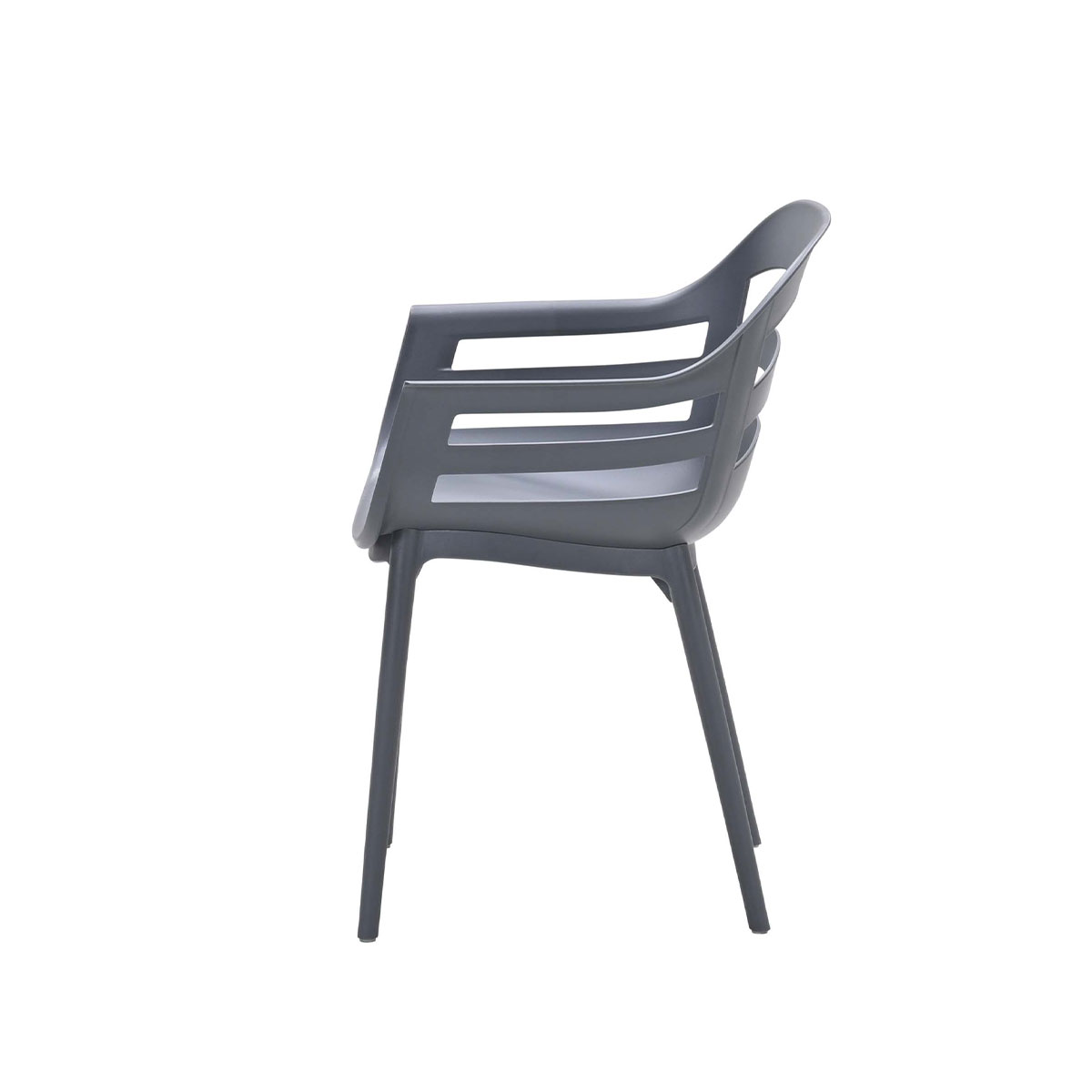 A gray plastic chair seen from the side, with a slotted back.