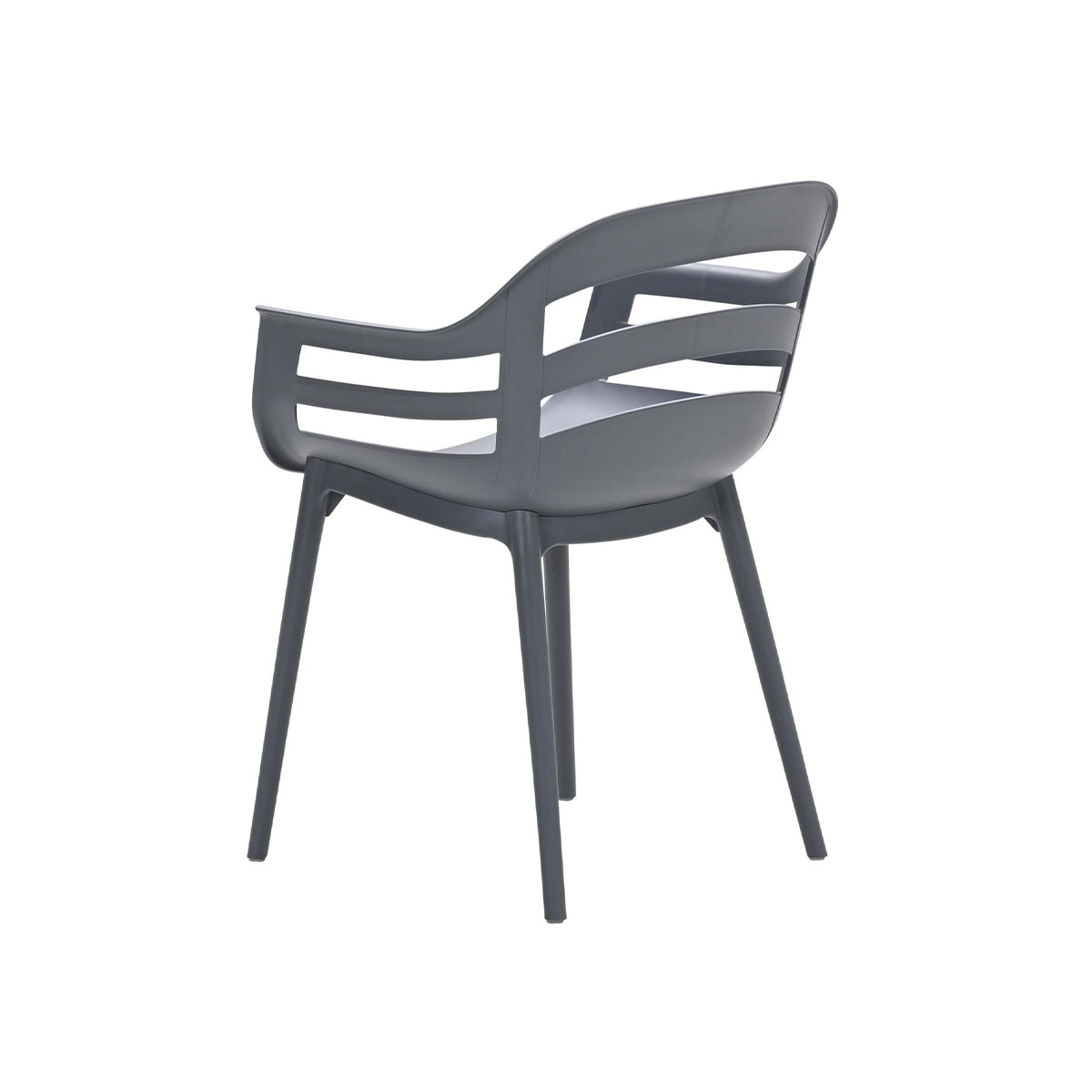 A gray plastic chair with a unique design, seen from the back.