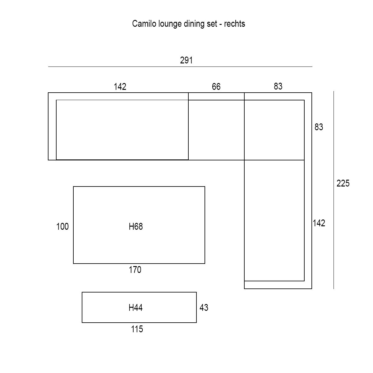 Diagram van een lounge-eetset met afmetingen, inclusief een bank en een tafel.