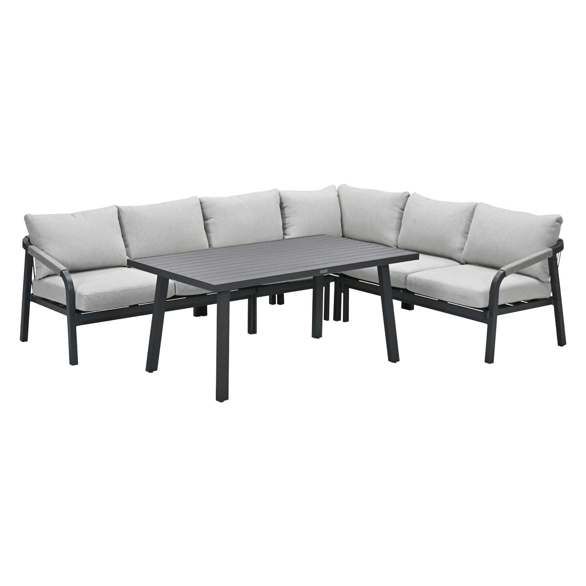 Ensemble de meubles d'extérieur avec une table et deux canapés d'angle.