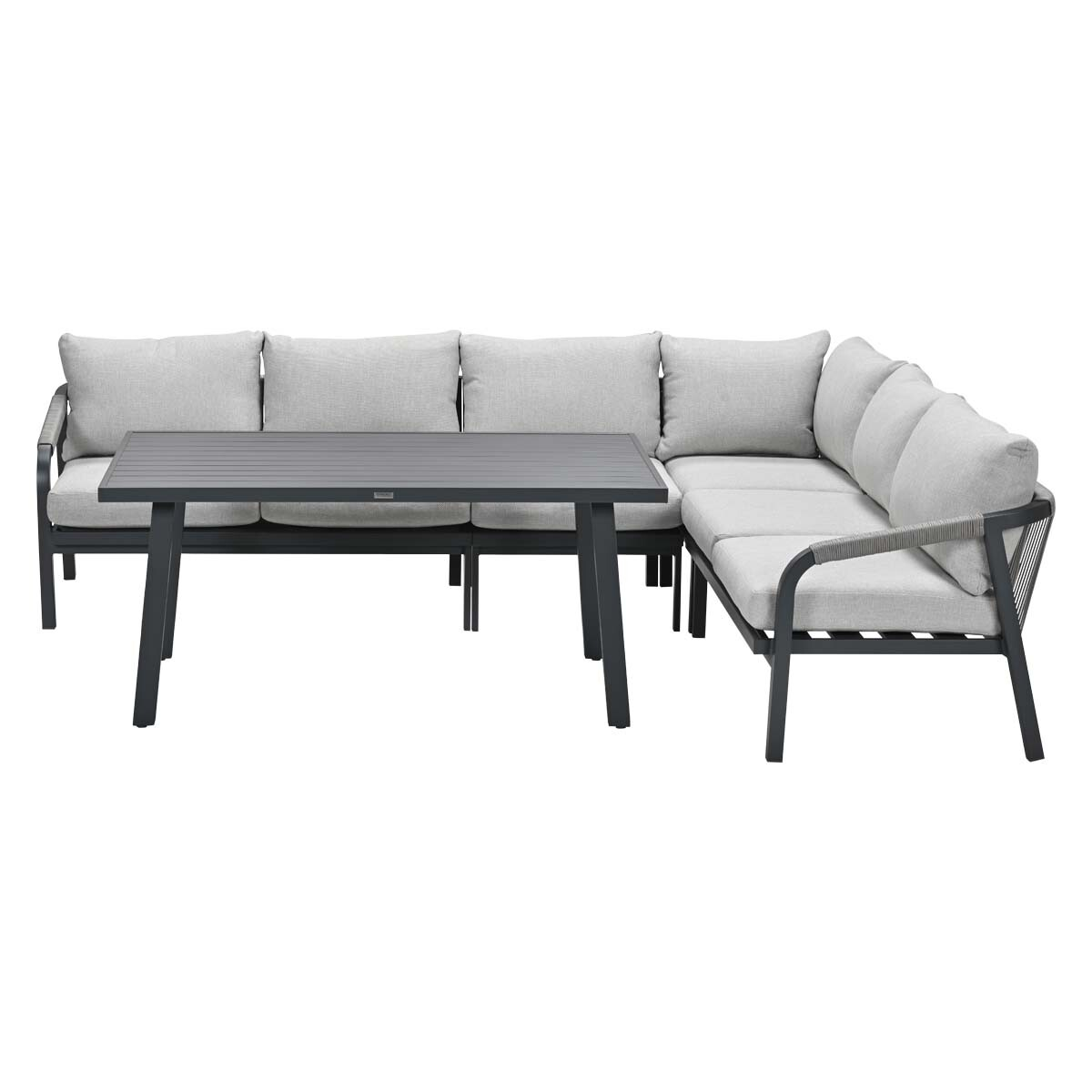 Un salon de jardin gris avec une table et des coussins sur fond blanc.