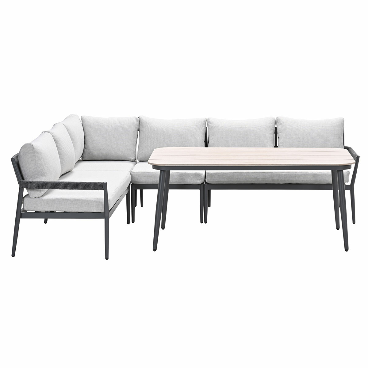 Outdoor sectional sofa with light gray cushions and a wooden table. Dark gray frame.