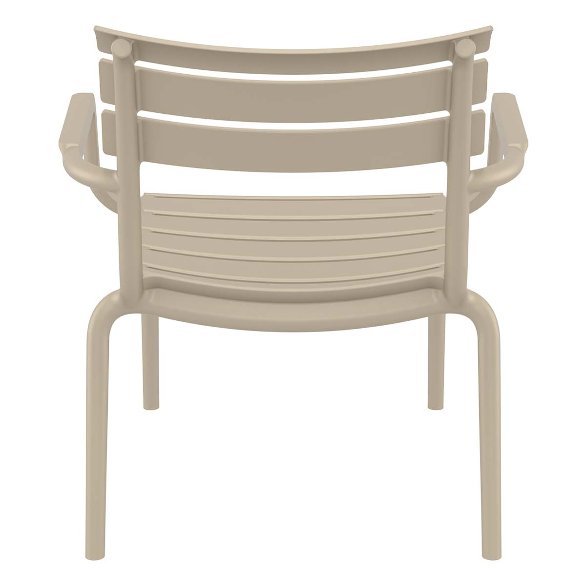 Back view of beige outdoor chair. Slatted back and seat. White background.