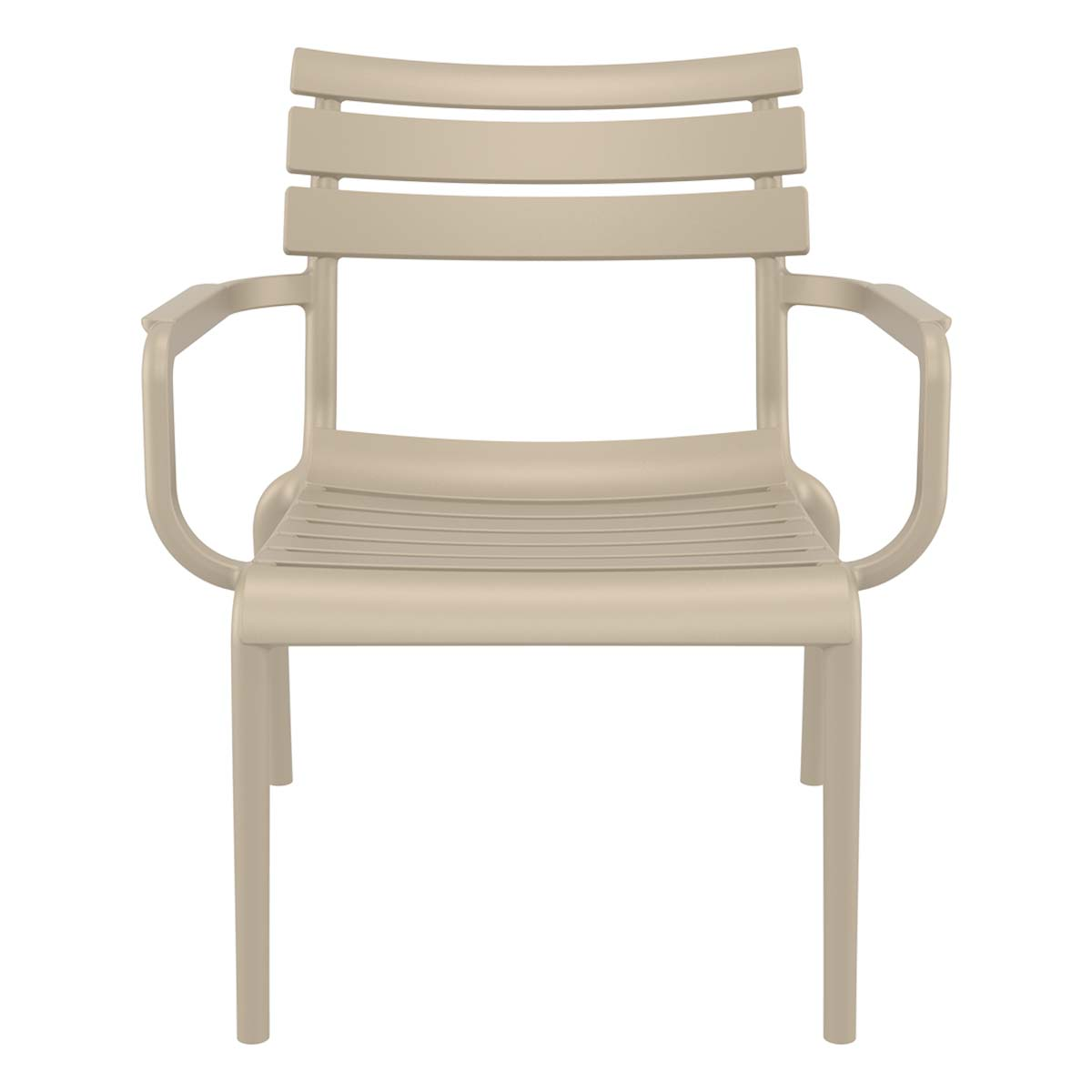 Light beige outdoor chair. It has a slatted seat and back with armrests.