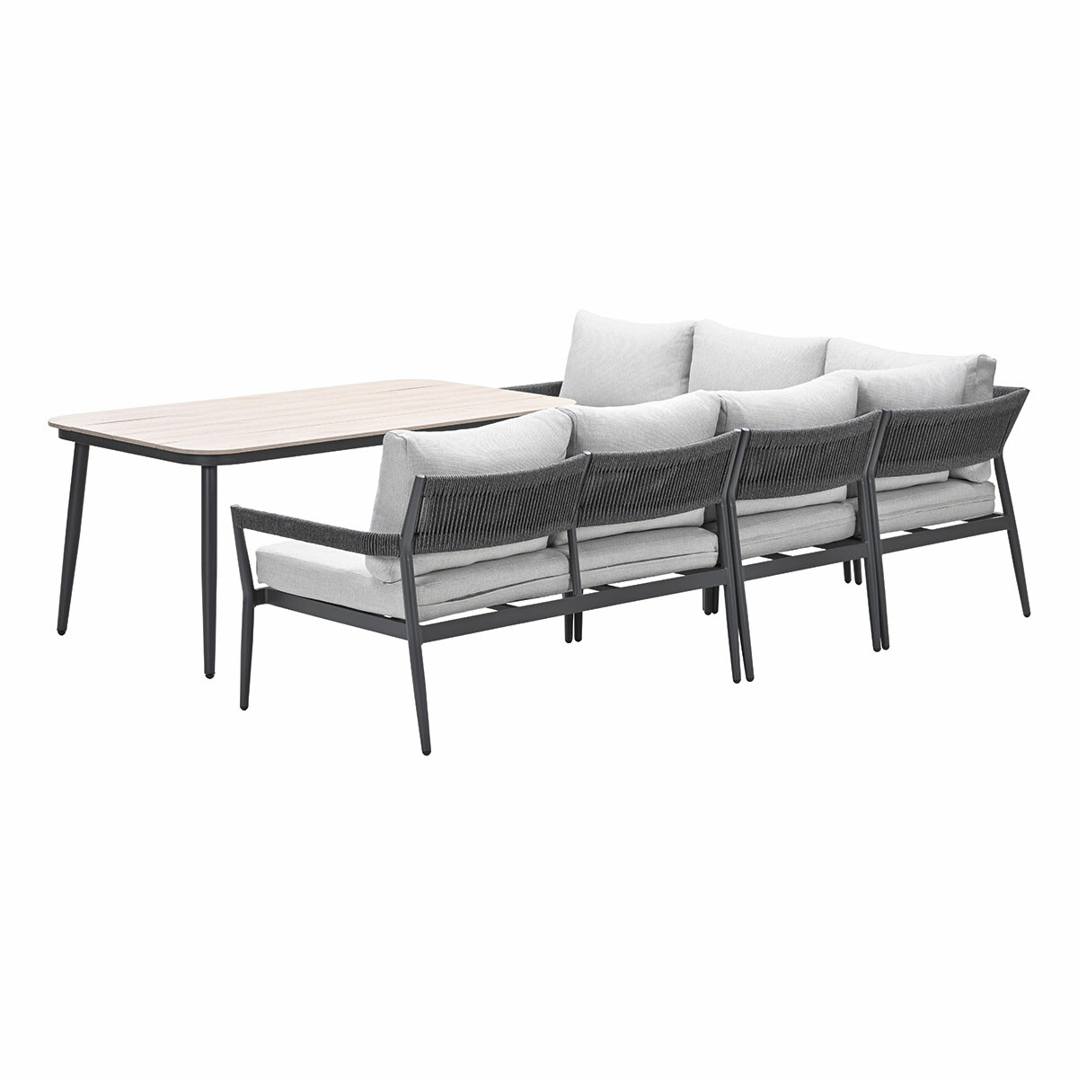 Outdoor sofa and table set. Gray cushions and light wood table. White background.