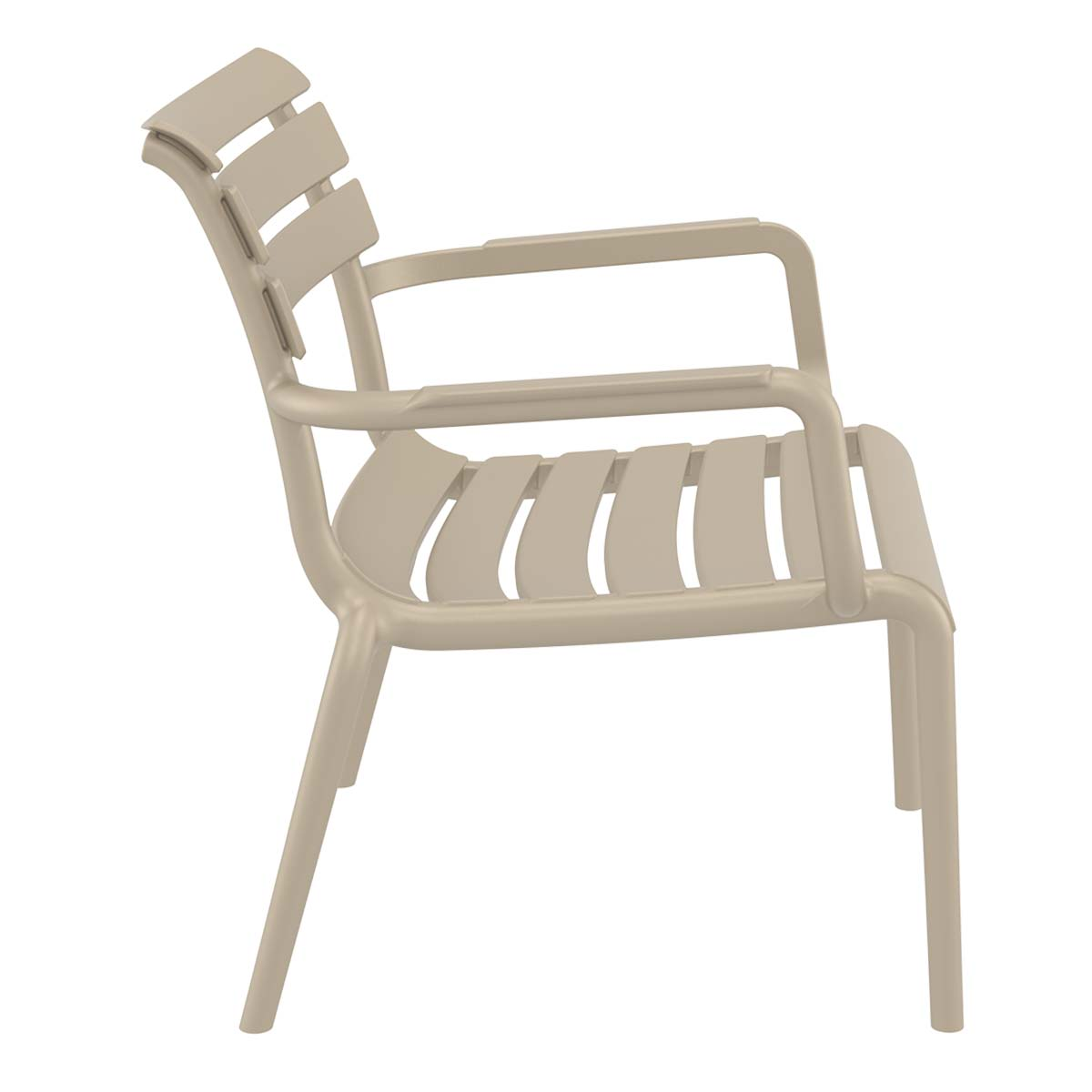 Light beige outdoor chair. Side view shows slatted seat, back, and armrests.