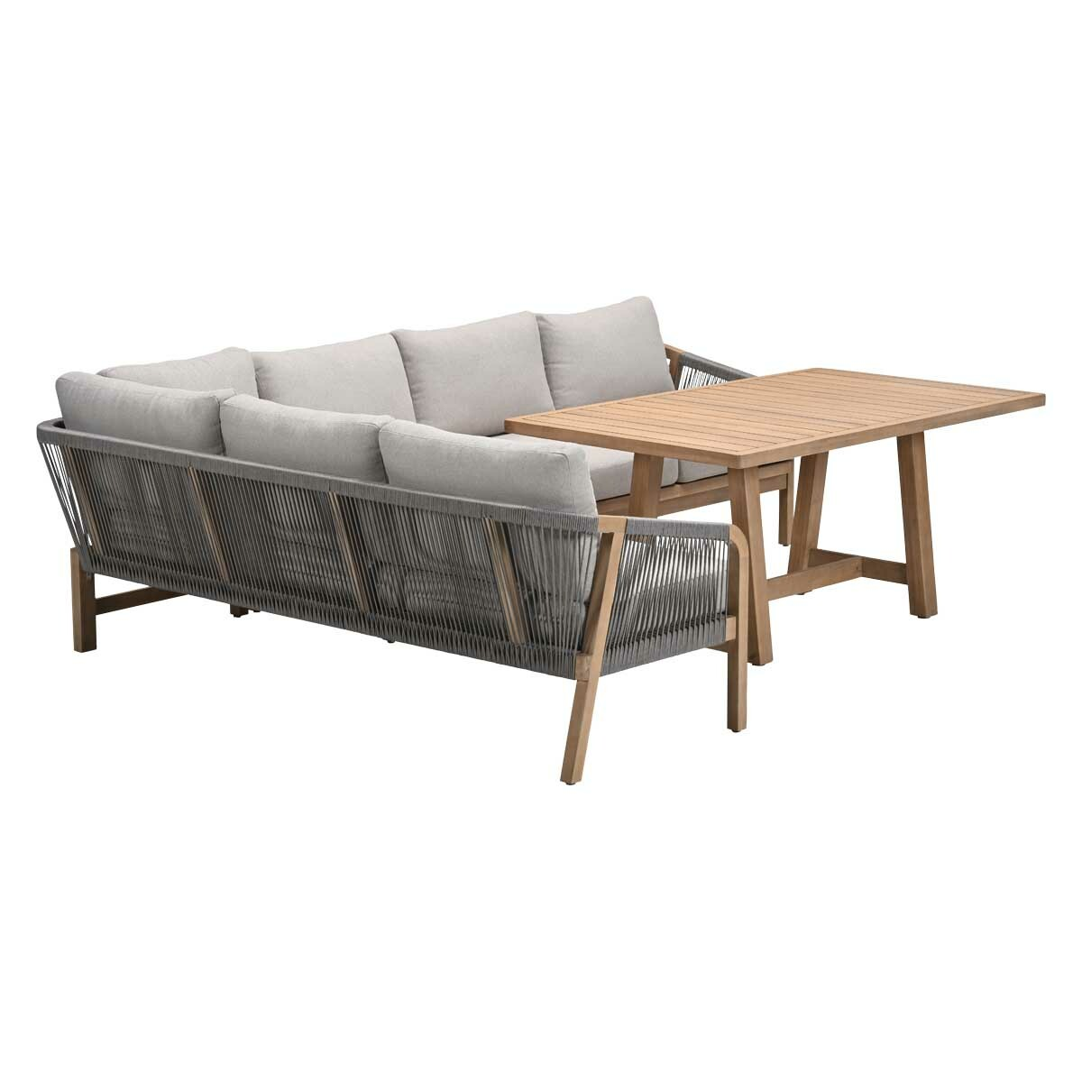 Outdoor sofa and wooden table. The sofa has gray rope detailing and light gray cushions.