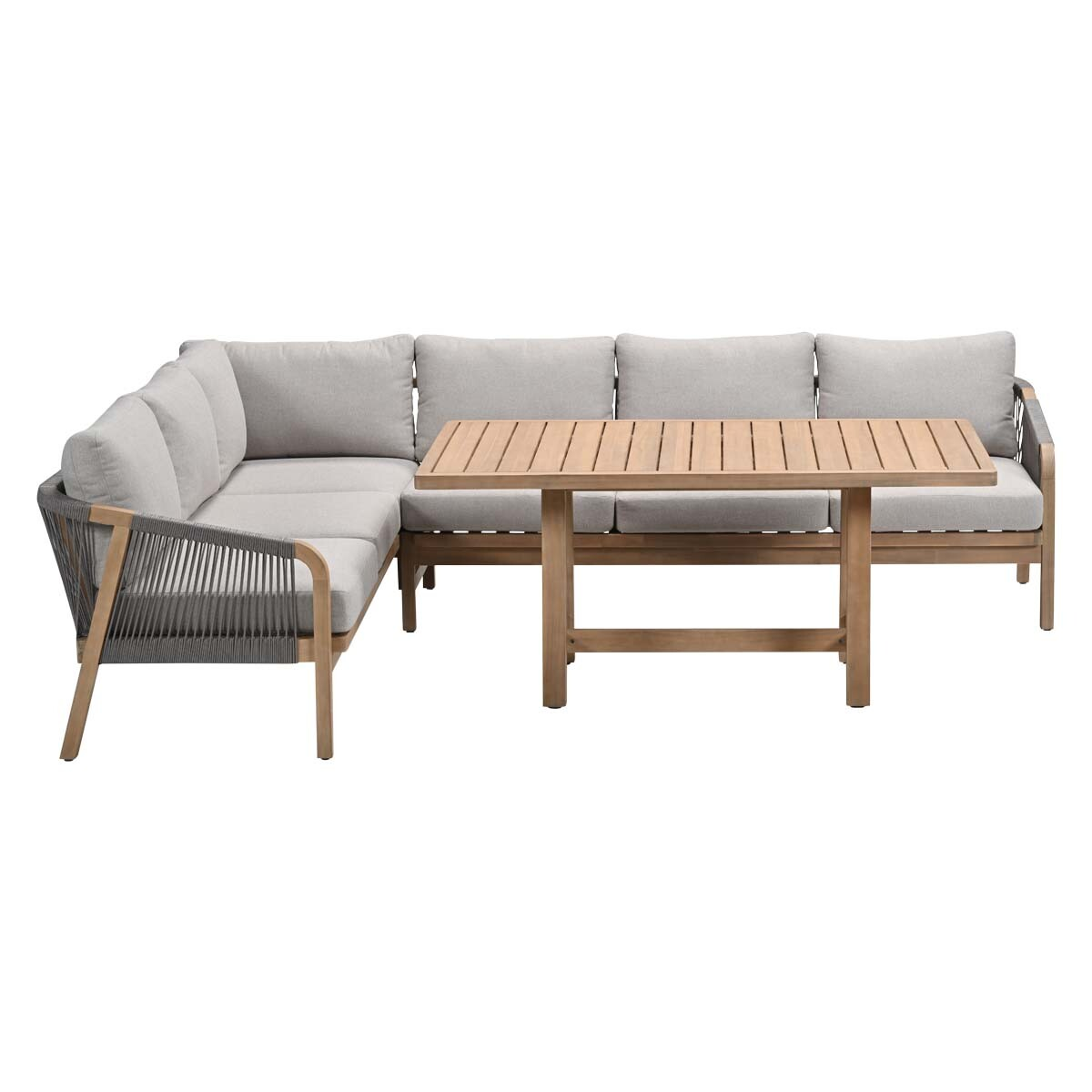 Outdoor sectional sofa with wooden table. Gray cushions on the sofa.