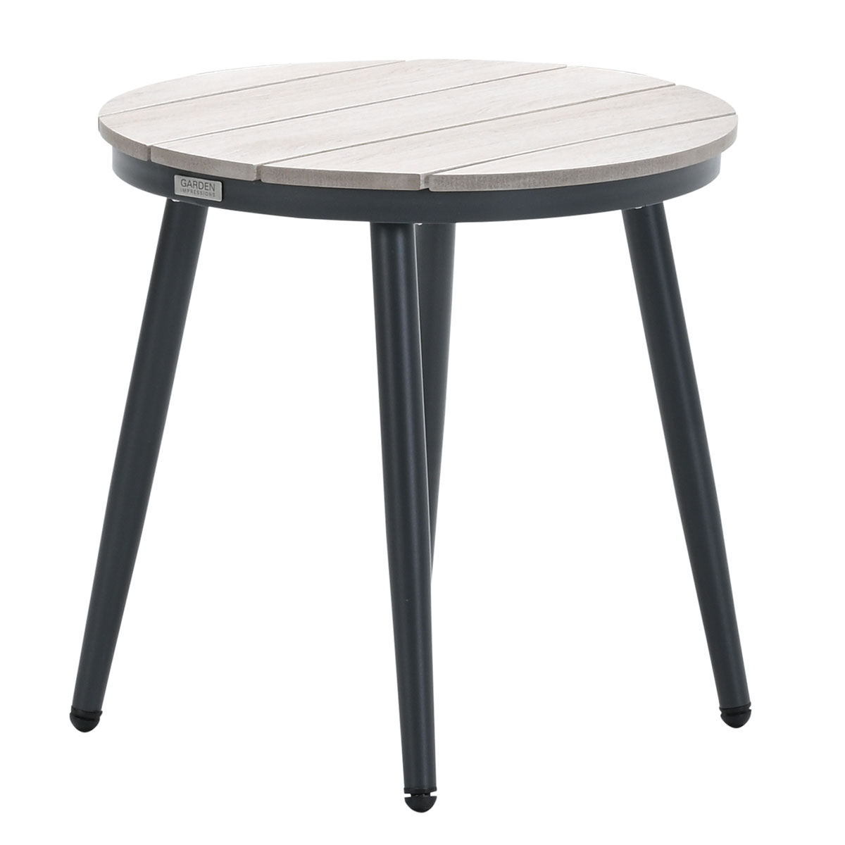 Table ronde d'extérieur avec lattes en bois, pieds noirs et cadre gris foncé.