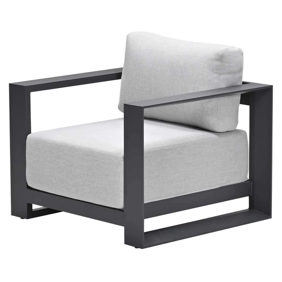 Gray outdoor chair with a cushion. The chair has a dark gray frame and a light gray cushion.