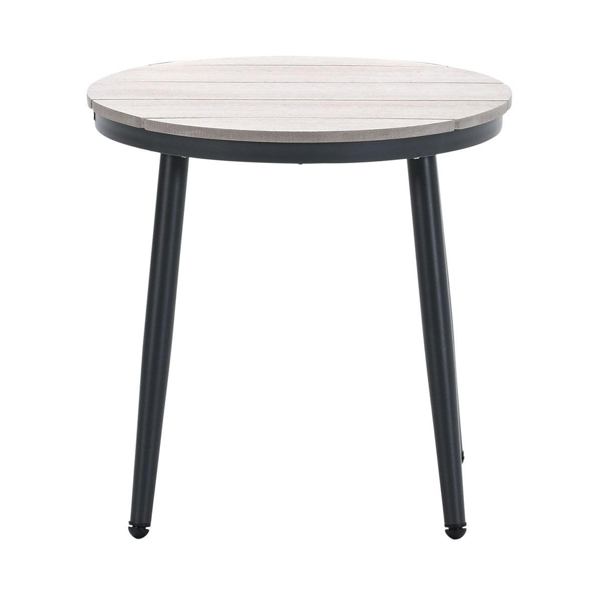 Table ronde grise avec pieds noirs. Plateau clair avec lattes en bois.