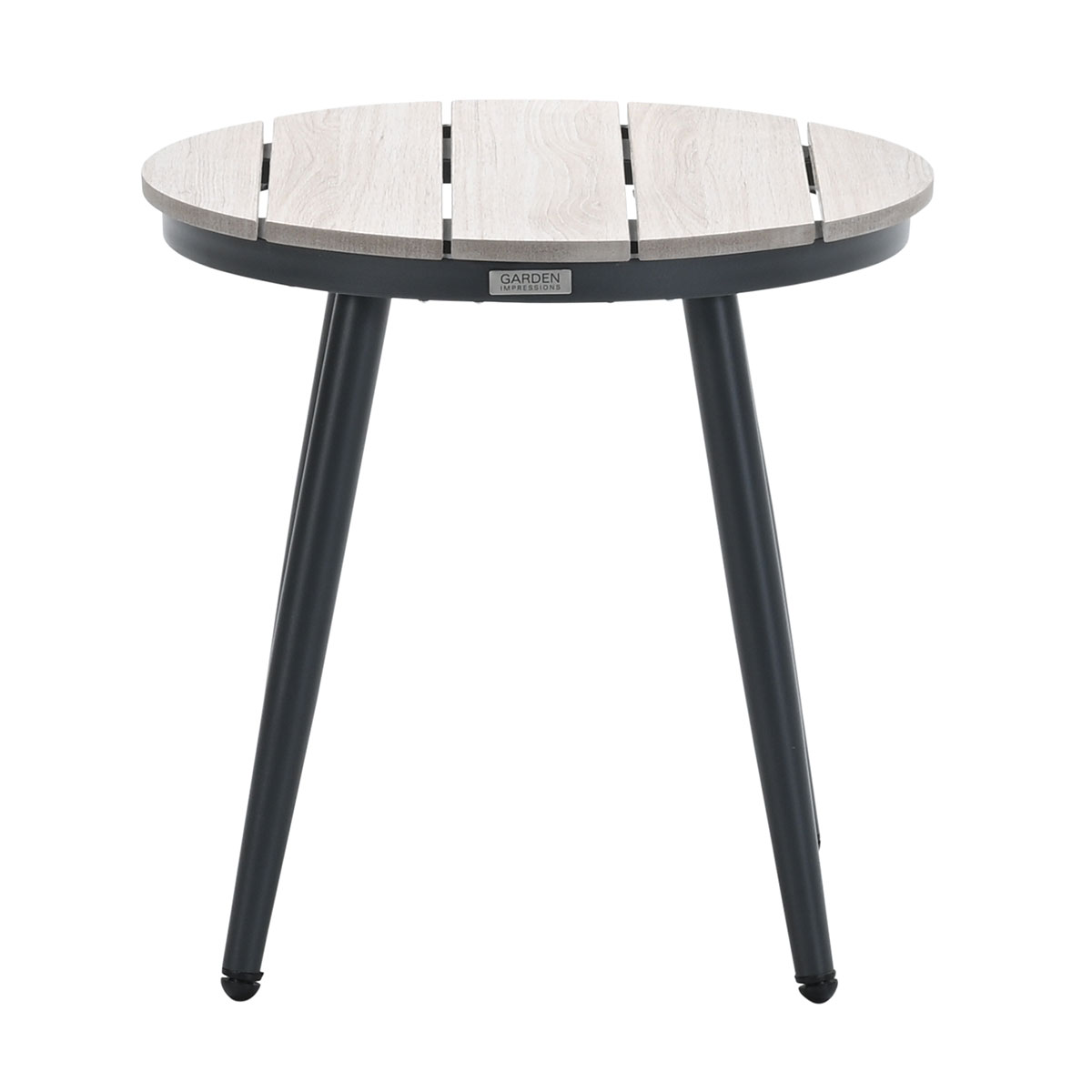 Table d'appoint ronde d'extérieur avec plateau en bois clair et pieds noirs.