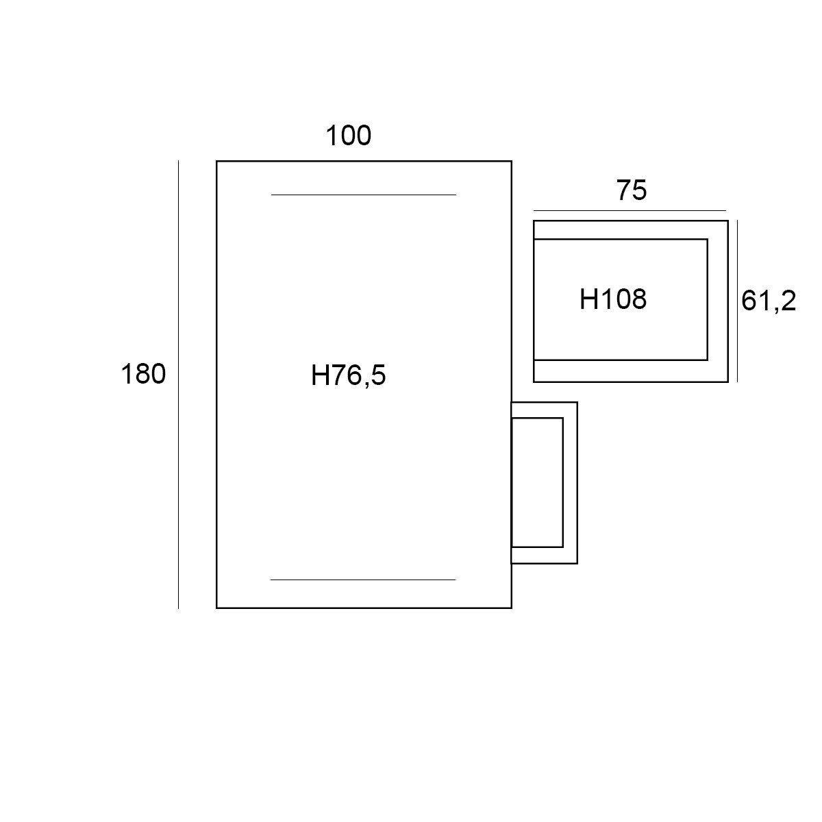 Top view of a rectangle with measurements. Width 100cm, height 180cm. A chair is present.
