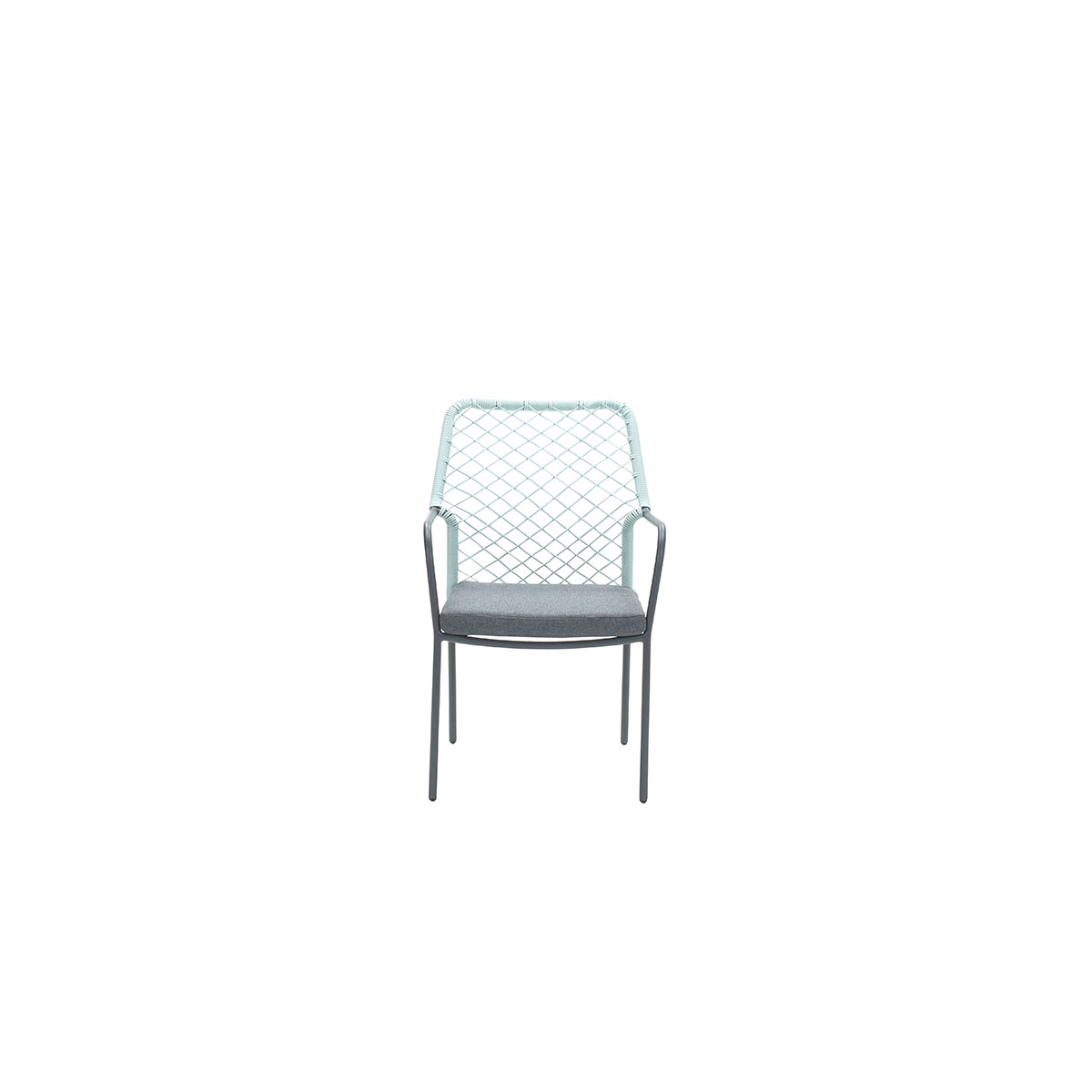 Grey chair with a light blue frame. Grey cushion and backrest. White background.