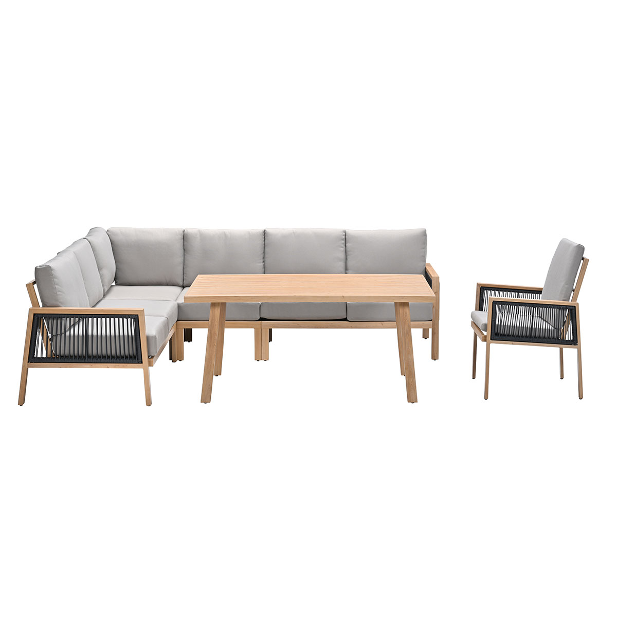 Outdoor furniture set: sectional sofa, table and chair, on white background.
