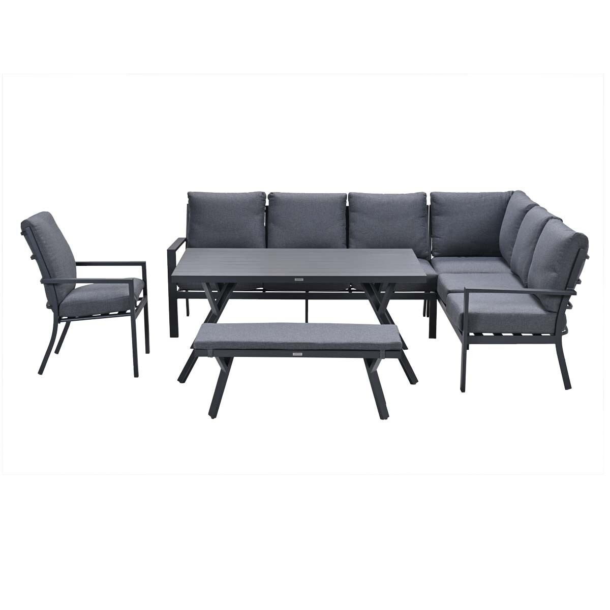 Buitenmeubelset: grijze bank, stoel, tafel en bank. Zwarte frames, grijze kussens, tegen witte achtergrond.