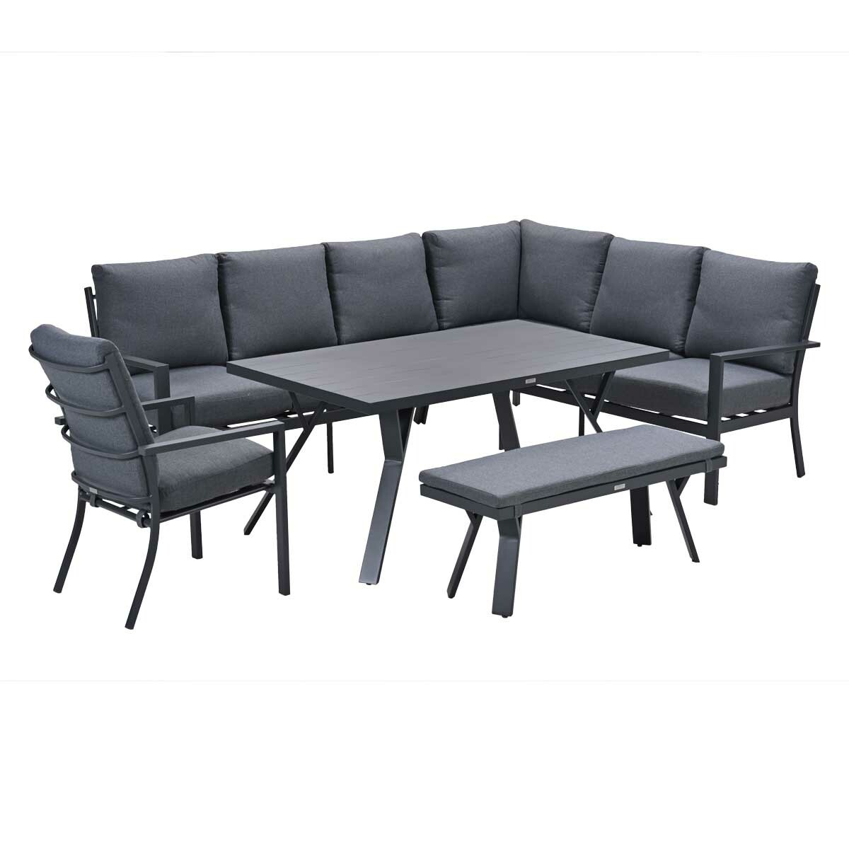 Buitenmeubelset: hoekbank, stoel, tafel en bank. Grijze kussens, zwarte frames, witte achtergrond.